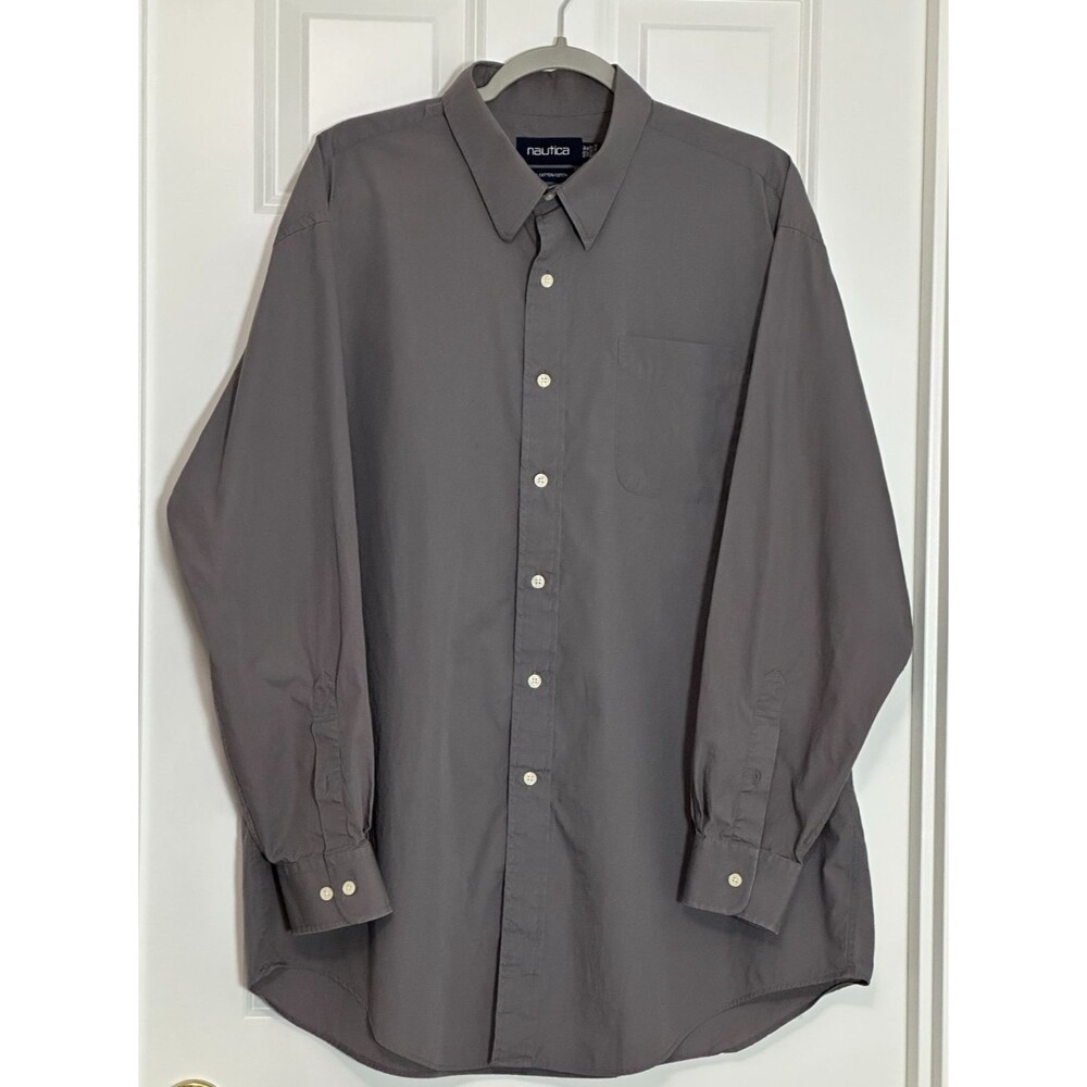 Nautica Button Up Shirt Men's XL Gray  100% Cotton Long‎ Sleeve Office Casual